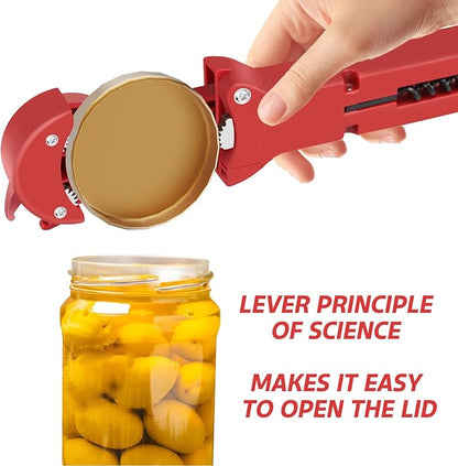 Jar Opener for Seniors with Arthritis, 7 in 1 Bottle Opener and Wine Corkscrew, Easy Grip Kitchen Gadget for Weak Hands Elderly, Retractable Jaw Lid Opener with Magnetic Storage (Red)
