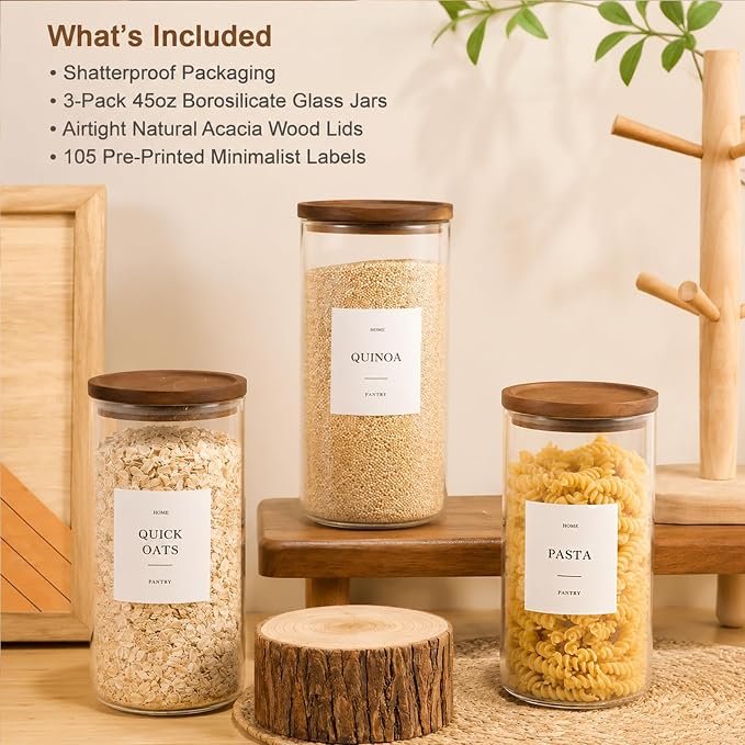 Set of 3 Glass Pantry Jars with Acacia Wood Lids, 45oz Airtight Glass Kitchen Canisters with 105 Labels, Clear Pantry Storage Containers for Coffee, Sugar, Oats, Pasta, Cookies