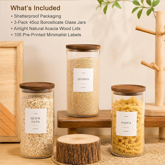 Set of 3 Glass Pantry Jars with Acacia Wood Lids, 45oz Airtight Glass Kitchen Canisters with 105 Labels, Clear Pantry Storage Containers for Coffee, Sugar, Oats, Pasta, Cookies