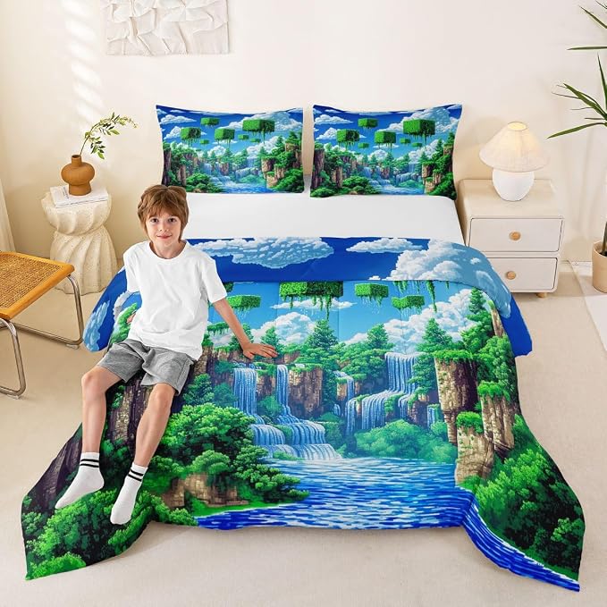 Manfei Pixelated Games Comforter Set -Cartoon Gamepad Comforter Queen Size Block Building Gaming Bedding Set for Kids Adults Bedroom Decor Fashion Modern Quilt Duvet,3 Pcs with 2 Pillowcase