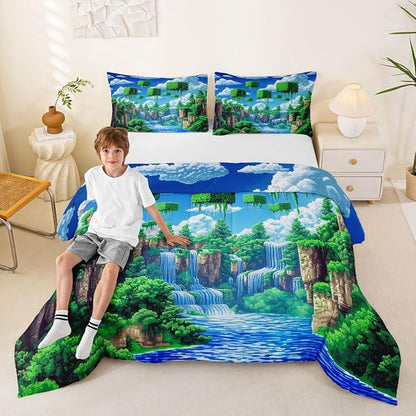 Manfei Pixelated Games Comforter Set -Cartoon Gamepad Comforter Queen Size Block Building Gaming Bedding Set for Kids Adults Bedroom Decor Fashion Modern Quilt Duvet,3 Pcs with 2 Pillowcase