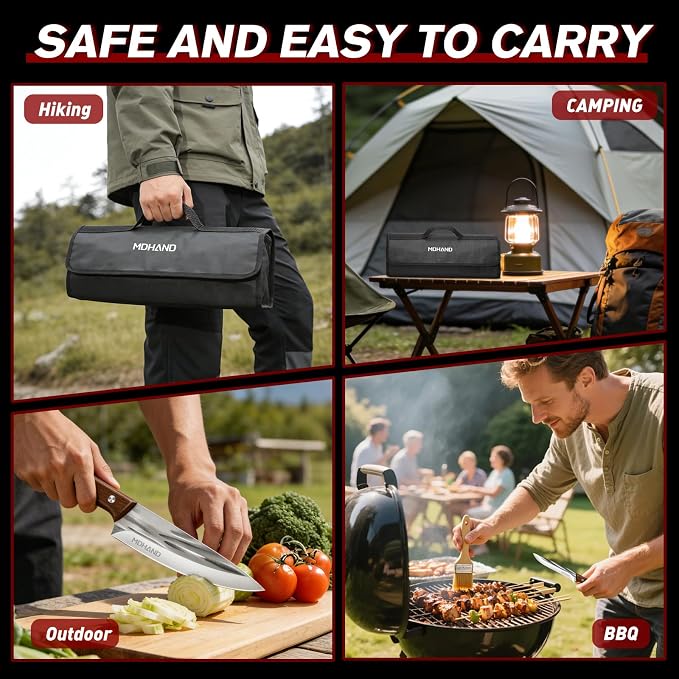 MDHAND Butcher Knife Set, Hand Forged Butcher Chef Knife Set with Roll Bag, Sharp Heavy Duty Meat Cleaver Knife & Bone Chopper Knives & Fillet Knives for BBQ, Outdoor Camping, Gifts for Men Women
