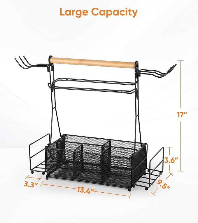 Grill Caddy Barbecue Tool Sets for Outdoor Grill, Picnic BBQ Caddy Picnic Utensil Condiment Organizer, BBQ Accessories Camping Gifts with Paper Towel Holders, Compartments & Hooks
