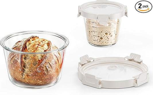 Premium Sourdough Starter & Dough Proofing Set, 2-Piece Borosilicate Glass Containers with Airtight Lids, Wide Mouth Measuring Bowls for Baking & Fermentation, Microwave & Oven Safe (24oz & 71oz)
