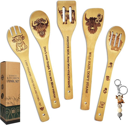 Highland Cow Gifts for Women, 6PCS Unique Highland Cow Print Bamboo Spoons Gifts Set with Keychain, Perfect Birthday Gifts for Mother's Day Bestie Sister