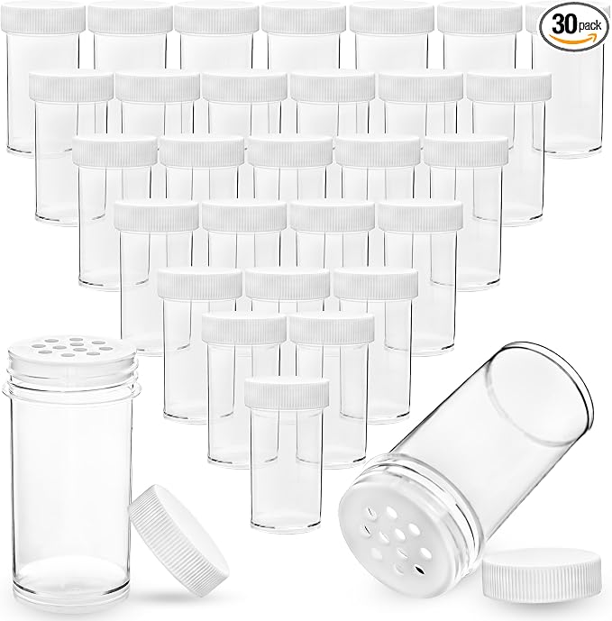 30 Pack 1 oz Mini Plastic Spice Jars with White Caps Clear Empty Spice Bottles with Sifters Small Seasoning Containers for Travel Storing Spice Seasoning Powders