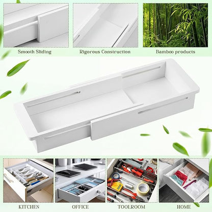 LemonRoad 1 Pcs Sliding Drawer Organizer 12.4-17.7 Inch Bin Bamboo Drawer Expandable Bins Utensil Organizer for Kitchen Spoons Forks Knives (White)
