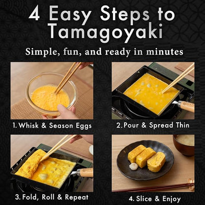 HIBINO Tamagoyaki Carbon Steel Pan | Made in Japan | Nonstick, Even-Heating, 30% Lighter Design | Japanese Egg Pan with Detachable Wooden Handle | for Bento, Breakfast & Everyday Cooking