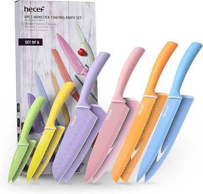 hecef Colorful Knife Set, 6 Pieces with Covers, Dishwasher Safe, Stainless Steel Colour Coded Non-Stick Cooking Knives Including Paring, Utility, Bread, Carving