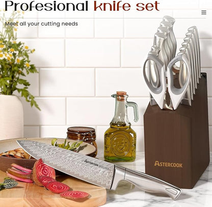 Astercook Knife Set, 15-Piece Kitchen Knife Sets with Built-in Sharpener Block, German High Carbon Stainless Steel Knives, Dishwasher Safe, Ergonomic Full-Tang Handle, Perfect Holiday Gifts