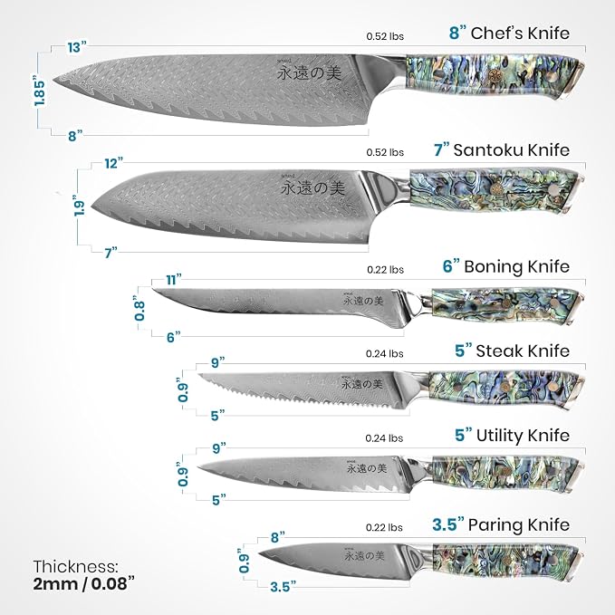 Damascus Kitchen Knife Set | 67-Layer Damascus Steel | Professional Chef Knives Set | Ergonomic Blue Shell Handle | Acacia Wood Magnetic Holder Included (Blue, 9-Piece Set)