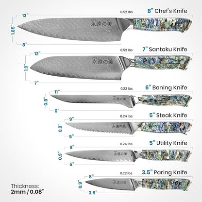 Damascus Kitchen Knife Set | 67-Layer Damascus Steel | Professional Chef Knives Set | Ergonomic Blue Shell Handle | Acacia Wood Magnetic Holder Included (Blue, 9-Piece Set)