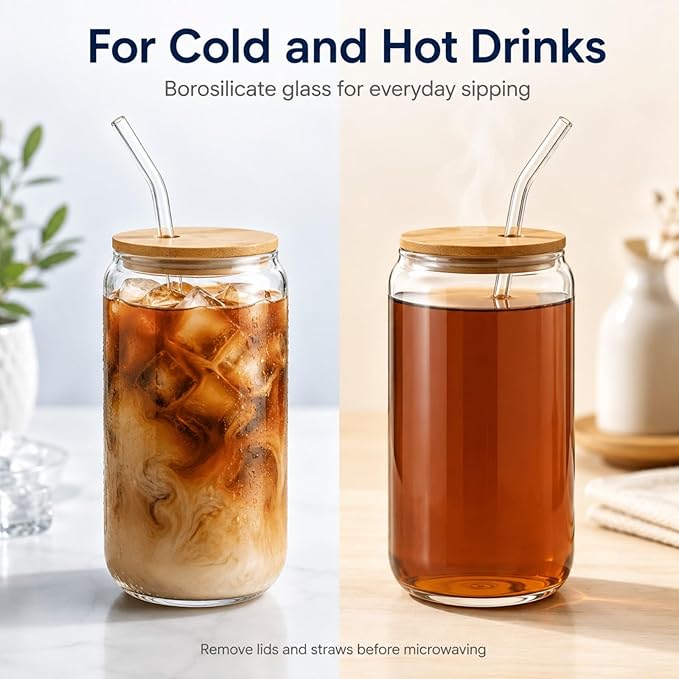 Glass Cups with Lids and Straws 2 Pack, 16 oz Iced Coffee Cups with Bamboo Lids, Reusable Glass Straws and Brushes for Matcha, Soda, Tea and Milk Tea