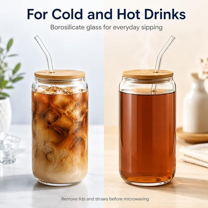 Glass Cups with Lids and Straws 2 Pack, 16 oz Iced Coffee Cups with Bamboo Lids, Reusable Glass Straws and Brushes for Matcha, Soda, Tea and Milk Tea