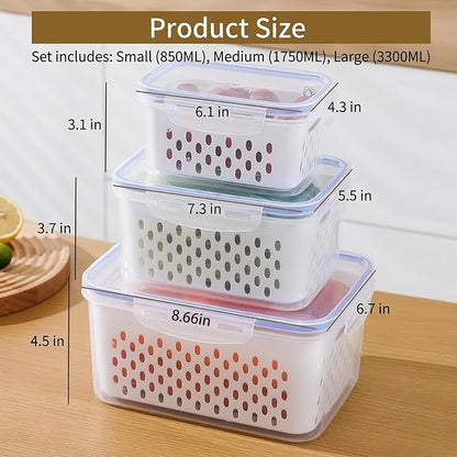 Fruit storage containers for fridge，with detachable drainer basket and airtight seal, stackable produce organizer, prolongs freshness of berries, greens, meats