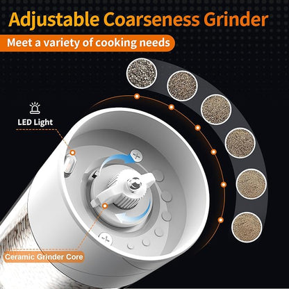2Pack Electric Salt and Pepper Grinder Set USB Rechargeable with Warm LED Light, Adjustable Coarseness Lidaop Large Capacity Automatic Salt Pepper Mill Grinder for Kitchen, Restaurant, Outdoor, White