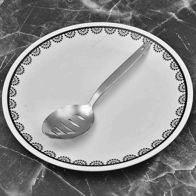 Chef Kunz Slotted Spoon | 9 Inch 18/10 Stainless Steel Silver Chef Cooking Spoons | Basting, Quenelle, Plating Spoon for Draining and Serving, Dishwasher Safe (Slotted)
