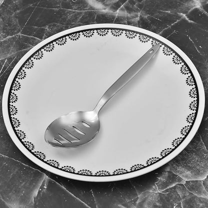 Chef Kunz Slotted Spoon | 9 Inch 18/10 Stainless Steel Silver Chef Cooking Spoons | Basting, Quenelle, Plating Spoon for Draining and Serving, Dishwasher Safe (Slotted)