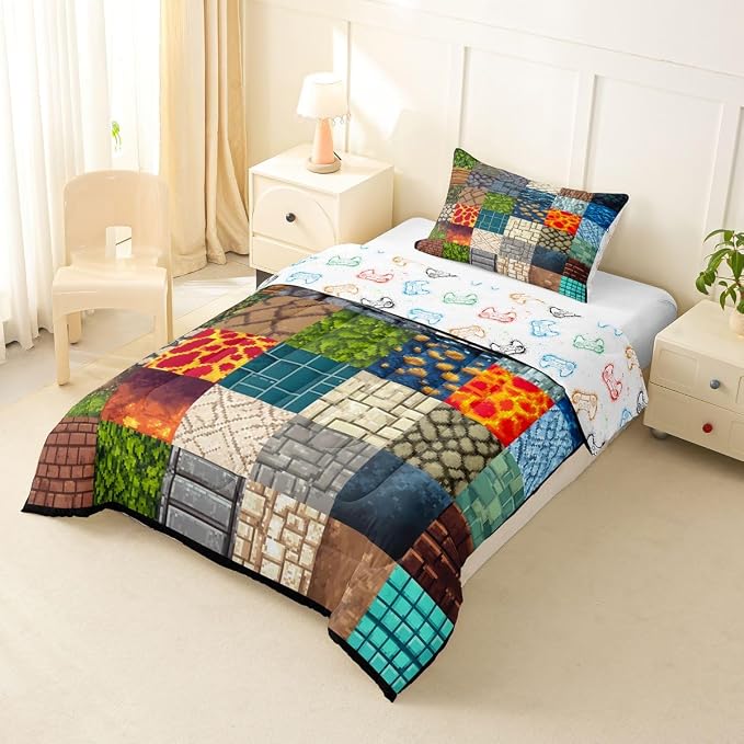 Manfei Video Game Comforter Set -Pixelated Themed Game Comforter Toddler Size Block Theme Gaming Bedding Set for Kids Girls Boys Bedroom Decor,Modern Quilt Duvet,2 Pcs with 1 Pillowcase