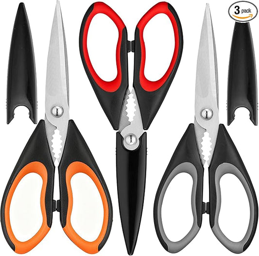 Kitchen Scissors All Purpose 3 Pack - Heavy Duty Stainless Steel Cooking Shears for Cutting Meat, Food, Fish, Poultry Multipurpose Sharp Sissors for Dishwasher Safe, with Blade Guards