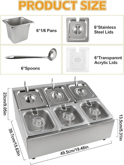Pizza Topping Station Pizza Storage Container Topping containers with Lids Spoon Condiment Organizers Buffet Containers Set for Restaurant Pizza Sauce Jam Fruit Ingredient (6 Pans)