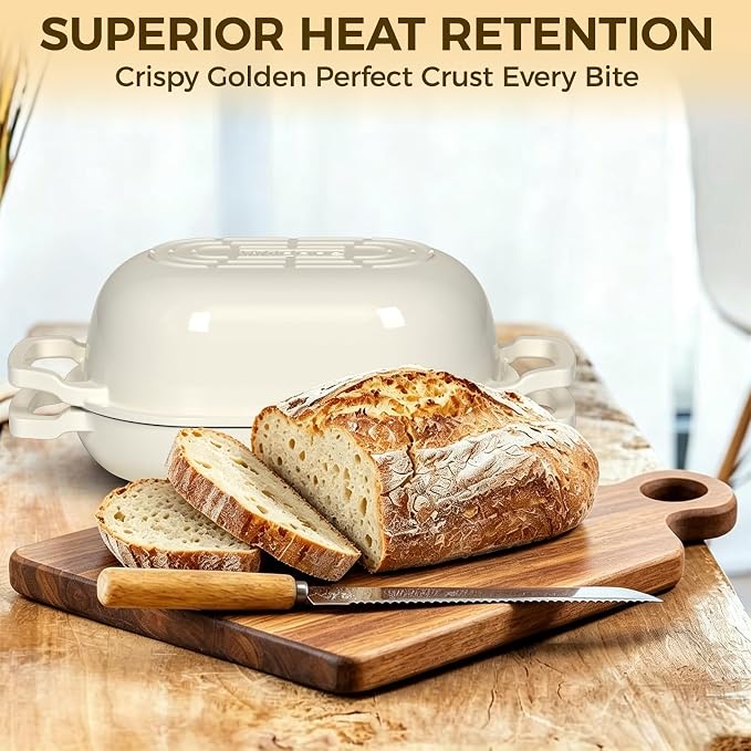 Enameled Cast Iron Dutch Oven Pot with Lid, Wildone 5.5QT Bread Oven for Homemade Sourdough Bread Baking with Cotton Potholders, Oven Safe up to 500°F, Cream White