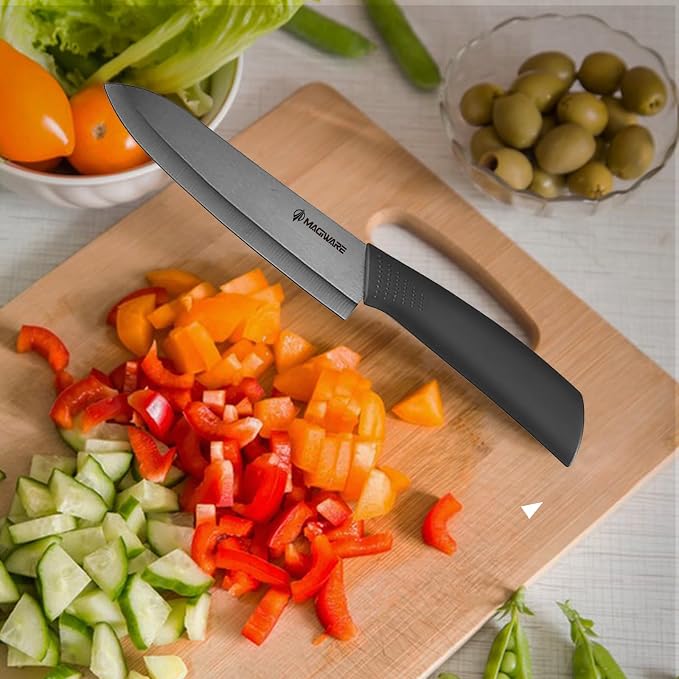 Magiware 5-Piece Chef Ceramic Knife Set (4 Ceramic Knives 4 Blade Guard and 1 Peeler), Never Rust Never Oxidize Food Stain Proof