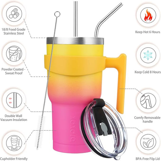 BJPKPK Tumbler With Handle And Straw Lid 30 oz Stainless Steel Insulated Coffee Tumbler Cups For Home, Office or Car,Pink Yellow Rose