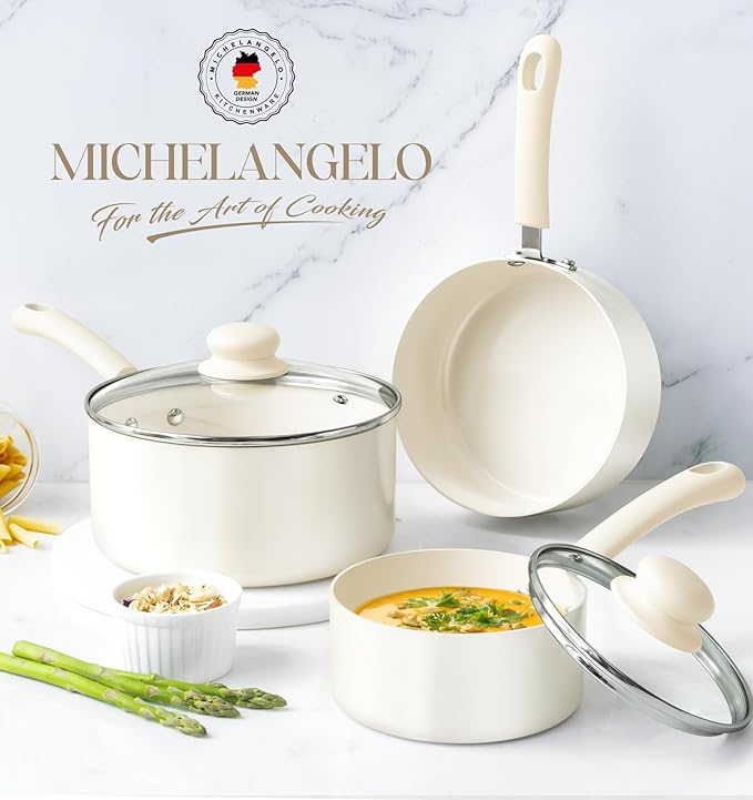 MICHELANGELO Nonstick Saucepan with Lid, Ceramic Sauce Pan Sets, Easy to Clean Sauce Pans, Multi-Purpose Cooking Pots, 3QT, White