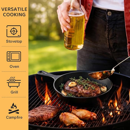 EWFEN Cast Iron Skillet 8 Inch, Pre-Seasoned Frying Pan, Heavy-Duty Professional Restaurant Chef Quality Cookware with Drip Spout, Indoor & Outdoor Use, Compatible with Oven, Stove, Grill & Campfire