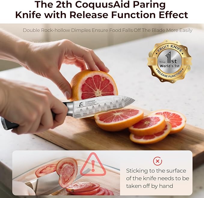 CoquusAid Paring Knife 3.75 Inch Fruit Knives, Small Kitchen Knife, Ultra Sharp German Stainless Steel Vegetable Knives, Damascus Pattern, Full Tang Handle Design, Elegant Black Ideal for Gift