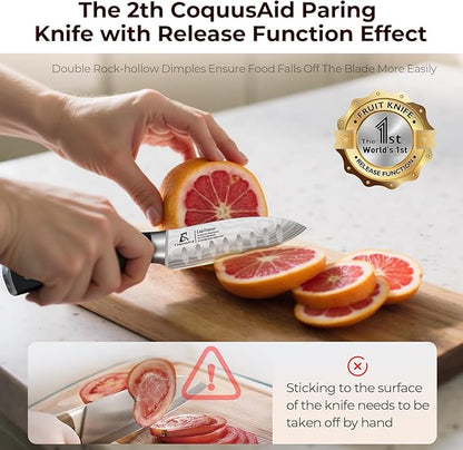 CoquusAid Paring Knife 3.75 Inch Fruit Knives, Small Kitchen Knife, Ultra Sharp German Stainless Steel Vegetable Knives, Damascus Pattern, Full Tang Handle Design, Elegant Black Ideal for Gift