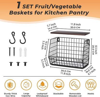 Wawocs Fruit Basket for Kitchen Counter, Fruit Bowl Stackable Wall Mounted Hanging Fruit Basket Wire Basket with Wood Lid with Banana Hanger Hooks, Onion,Potato,Fruit and Vegetable Storage