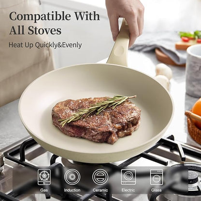 Frying Pan Set with Lids - Nonstick Frying Pan of 3, Non Stick Granite Cookware Set, Induction Egg Omelette Cooking Skillet W/Lid, Healthy No Toxic Cookware, PFOA Free