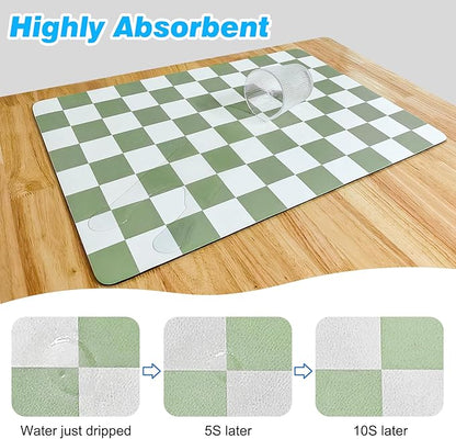 CooRug Checkered Dish Drying Mat for Kitchen Counter, Absorbent Non-Slip Coffee Mat, Heat Resistant Mat for Countertops Coffee Bar Decor 16" x 24" Green