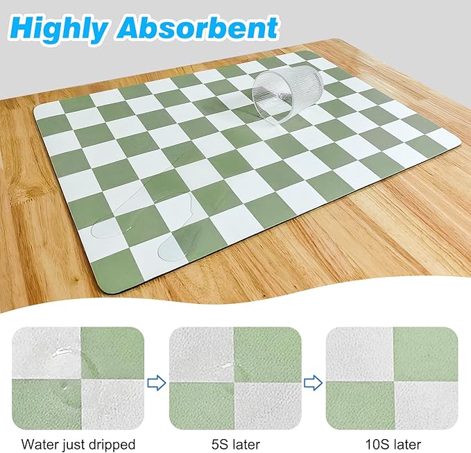 CooRug Checkered Dish Drying Mat for Kitchen Counter, Absorbent Non-Slip Coffee Mat, Heat Resistant Mat for Countertops Coffee Bar Decor 17" x 32" Green