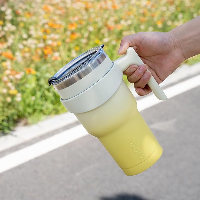 BJPKPK 30oz Tumbler With Handle Insulated Tumbler Cups With Lid And Straw Reusable Stainless Steel Double Wall Travel Mugs,Lemon