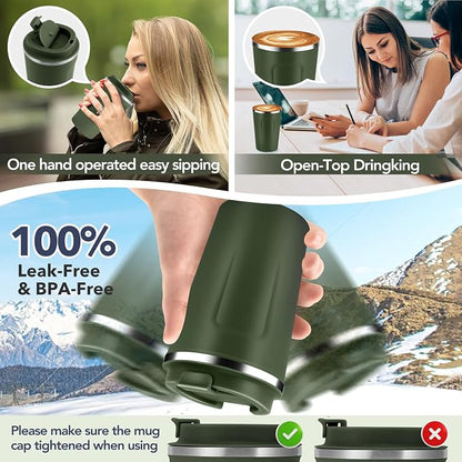 Volhoply 12 oz Double Wall Insulated Vacuum Travel Coffee Mugs with Flip Lid Bulk 2 Pack,Reusable Stainless Steel Leak Proof Coffee Cup,Portable Thermal Tumbler for Cold & Hot Drinks(Army Green,2 Set)