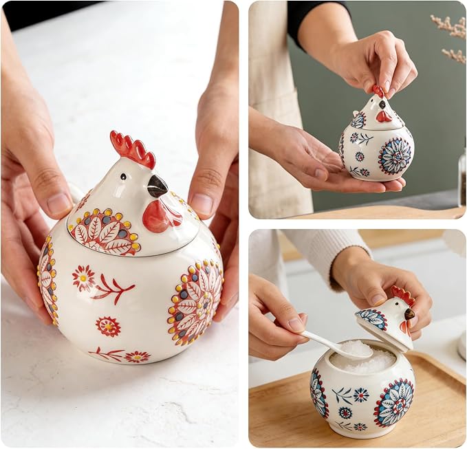 2 PCS,Ceramic Salt Cellar With Lid and Spoon,13-ounce Chicken Salt Shaker,Perfect for Kitchen Decor,Countertop Spice Rack (Red + Blue)