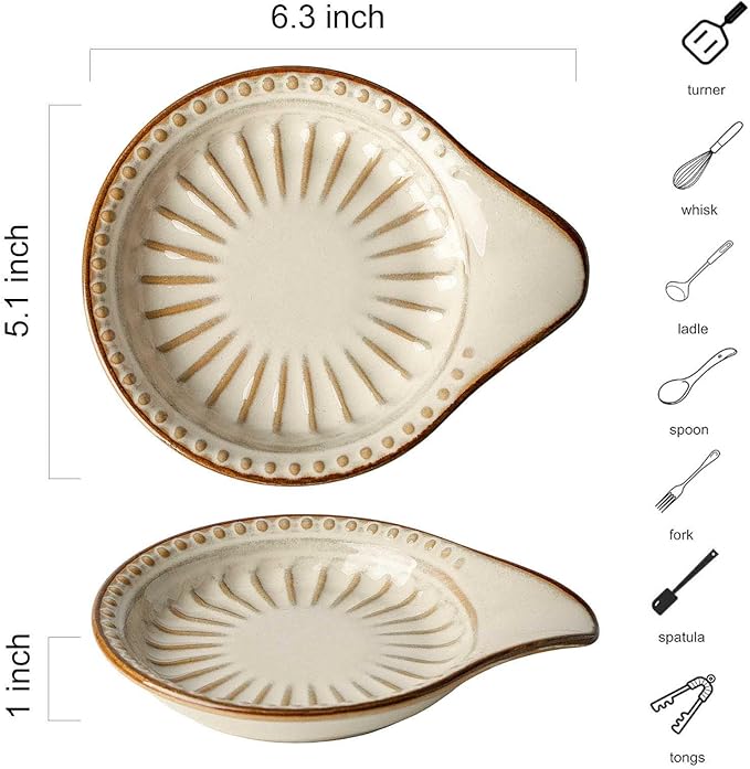 Spoon Rest for Stove Top, Ceramic Spoon Holder for Kitchen Counter, 5.1 Inch Heat-Resistant Cooking Utensil Rest for Coffee Spoon Dish & Spatula Tray, Dishwasher Safe, Beige