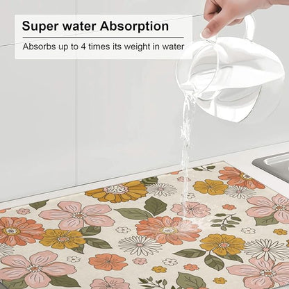 Absorbent Dish Drying Mat For Kitchen Counter, Pink Flowers Microfiber Dish Drying Pad, Kitchen Gadgets For Easy Clean Multi-Use