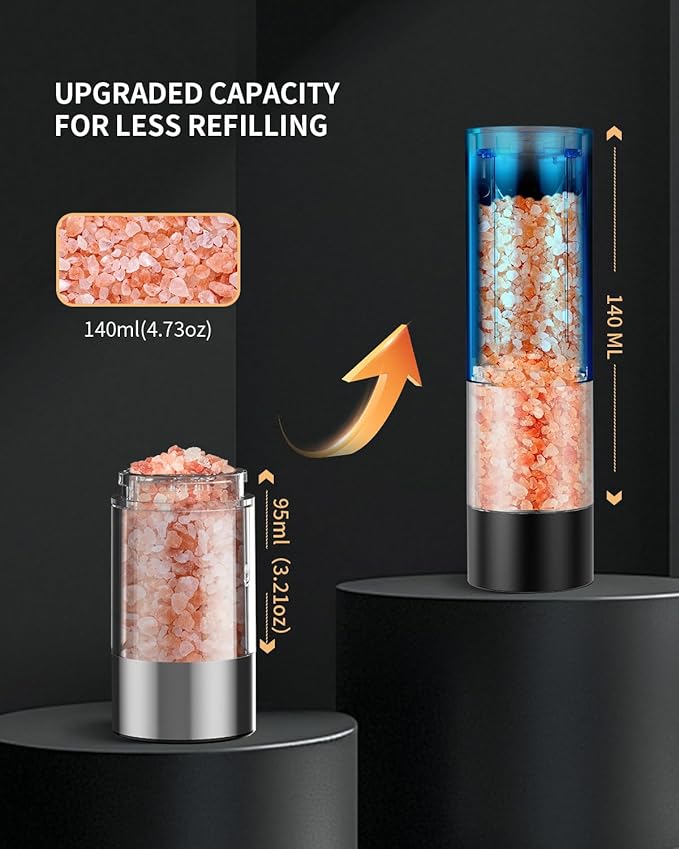 CIRCLE JOY Electric Salt and Pepper Grinder Set with Charging Base, Rechargeable Automatic Pepper Mill, Adjustable Coarseness, LED Light, 140ml Large Capacity