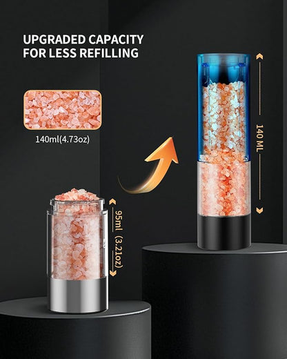 CIRCLE JOY Electric Salt and Pepper Grinder Set with Charging Base, Rechargeable Automatic Pepper Mill, Adjustable Coarseness, LED Light, 140ml Large Capacity