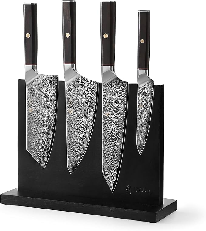 Wakoli Culinary Asia Damascus 4-Piece Knife Block Set with Magnetic Block – Professional Kitchen Knives made of 67-Layer Damascus Steel Blades & VG10 Core – Ergonomic Dark Oak Wood Handles in Gift Box