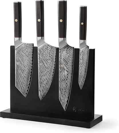 Wakoli Culinary Asia Damascus 4-Piece Knife Block Set with Magnetic Block – Professional Kitchen Knives made of 67-Layer Damascus Steel Blades & VG10 Core – Ergonomic Dark Oak Wood Handles in Gift Box
