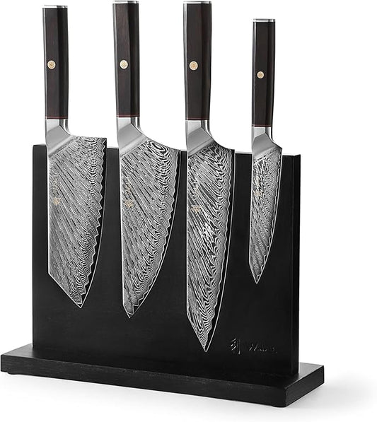 Wakoli Culinary Asia Damascus 4-Piece Knife Block Set with Magnetic Block – Professional Kitchen Knives made of 67-Layer Damascus Steel Blades & VG10 Core – Ergonomic Dark Oak Wood Handles in Gift Box