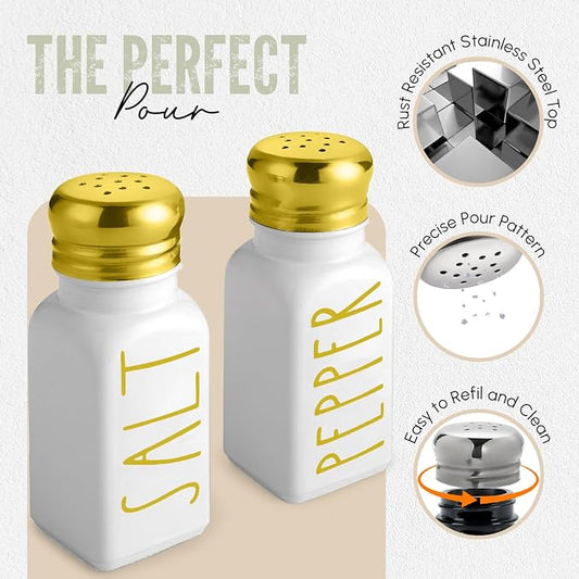 Luxury Gold Salt and Pepper Shakers Set by Brighter Barns - Glass Shakers & Stainless Steel Lid - Modern Decor for Home, Restaurant, Hotel, Wedding, Gifts - Luxury Kitchen Accessories (Gold)