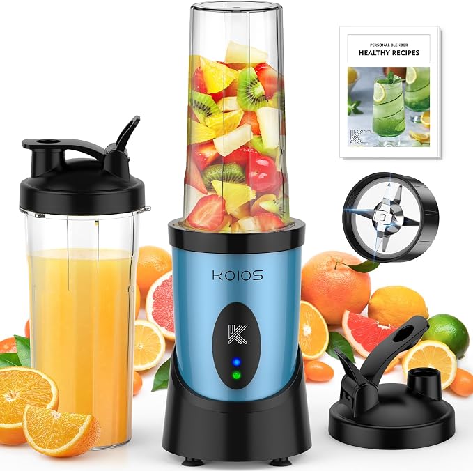 KOIOS Smoothie Blender, 900W Personal Blender for Shakes and Smoothies for Kitchen with 2 Portable Cups 22oz, Single Serve Smoothies Maker Mixer for Juices, Nutritious Recipe, Sky Blue