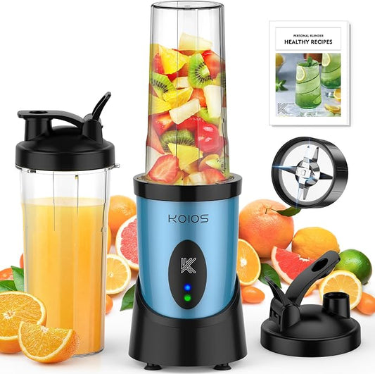 KOIOS Smoothie Blender, 900W Personal Blender for Shakes and Smoothies for Kitchen with 2 Portable Cups 22oz, Single Serve Smoothies Maker Mixer for Juices, Nutritious Recipe, Sky Blue