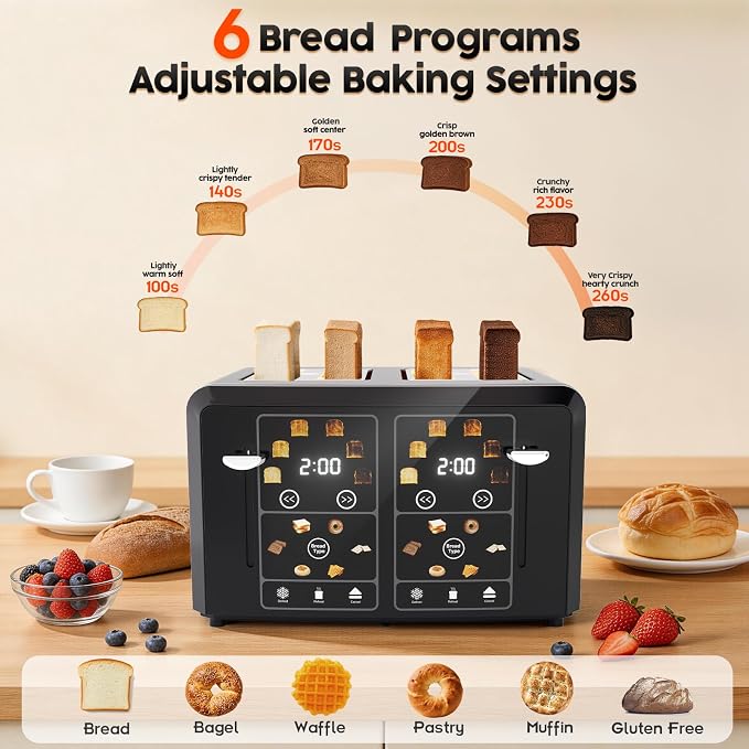 PULZO 4 Slice Toaster Wide Slot, LED Display, Dual Independent Control Panel, 6 Bread Modes, Defrost, Reheat & Timer, Digital Toasters for Bagel Muffin Waffle Gluten Free Breads
